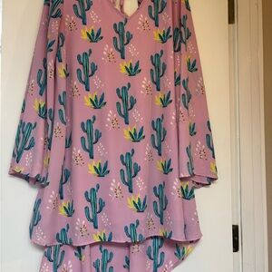Pink Cactus Print Tunic Style High Low Dress with Fluttery Sleeves